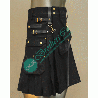 Latest Design Black Celtic leather kilt with leather sporran